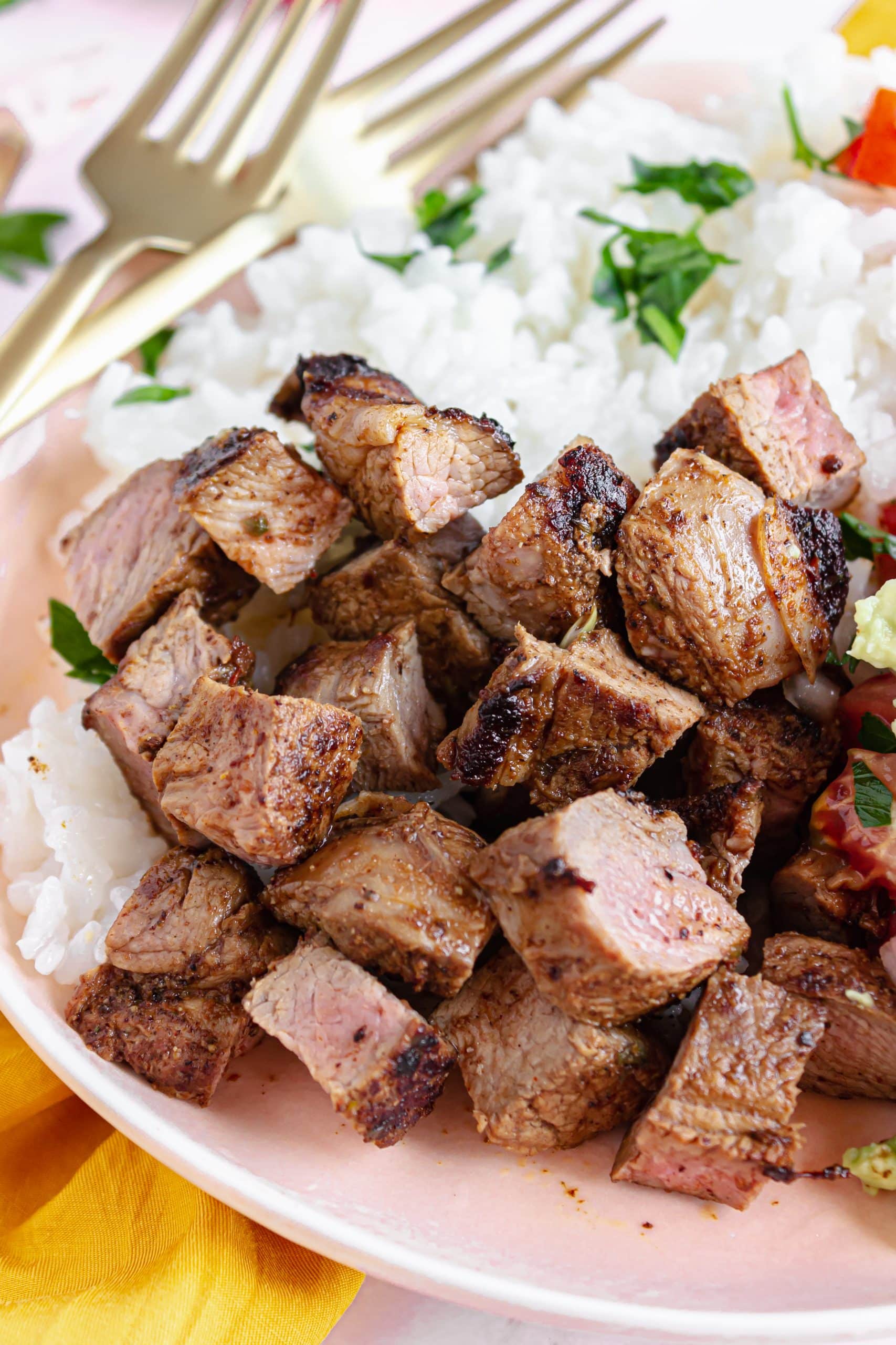 a close up of copycat chipotle steak strips next to steamed white rice in a white bowl