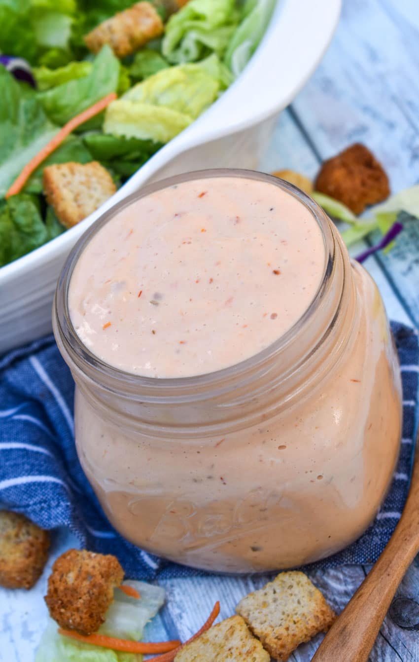 homemade thousand island dressing in a small glass jar