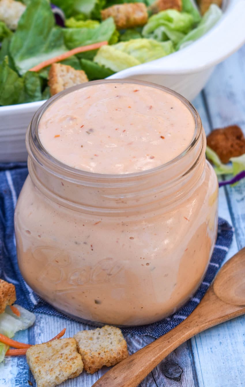 homemade thousand island dressing in a small glass jar