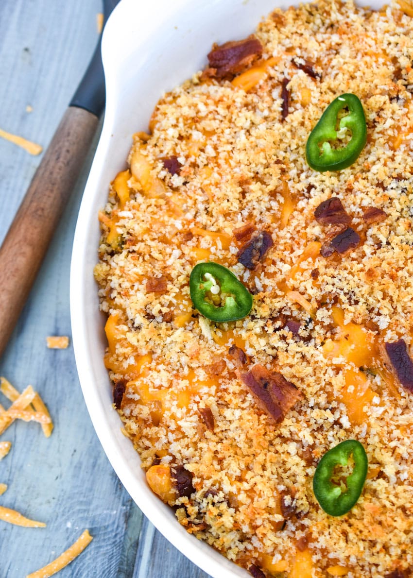 jalapeno popper mac and cheese in a large white serving bowl