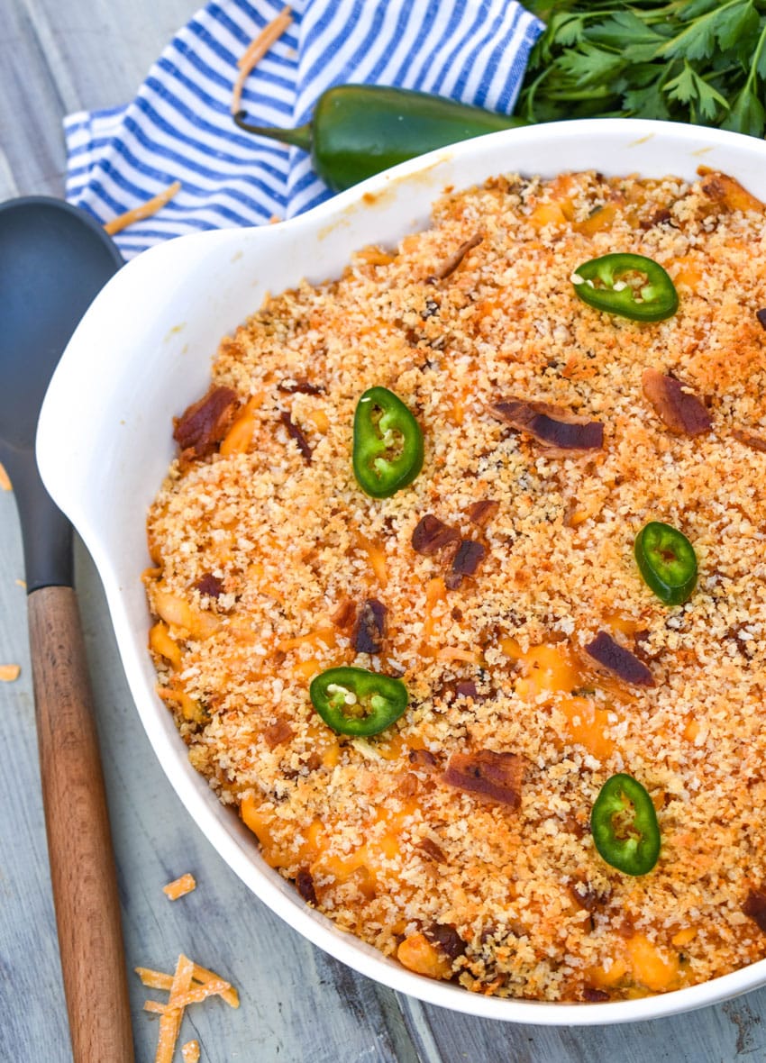 jalapeno popper mac and cheese in a large white serving bowl