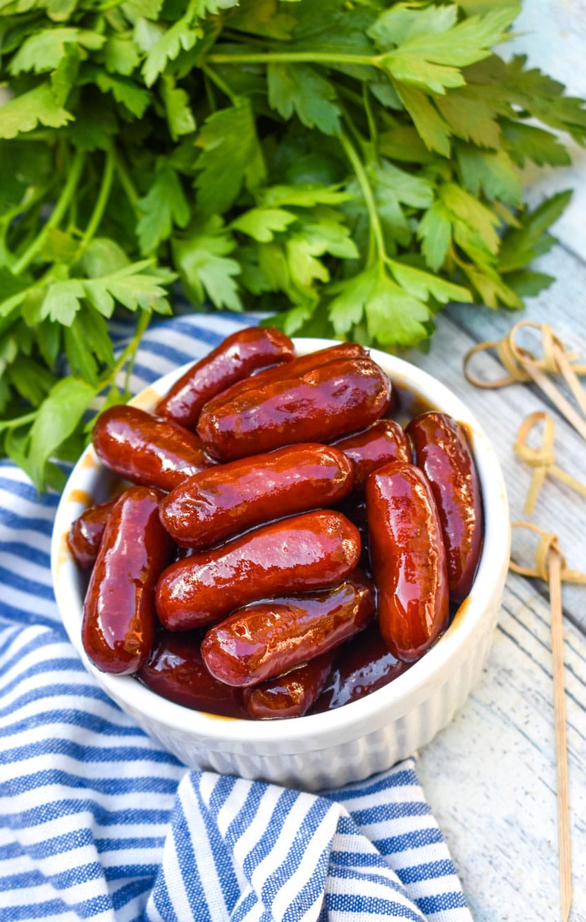 slow cooker little smokies in a small white bowl