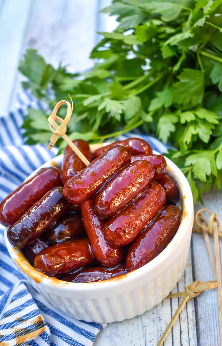 slow cooker little smokies in a small white bowl