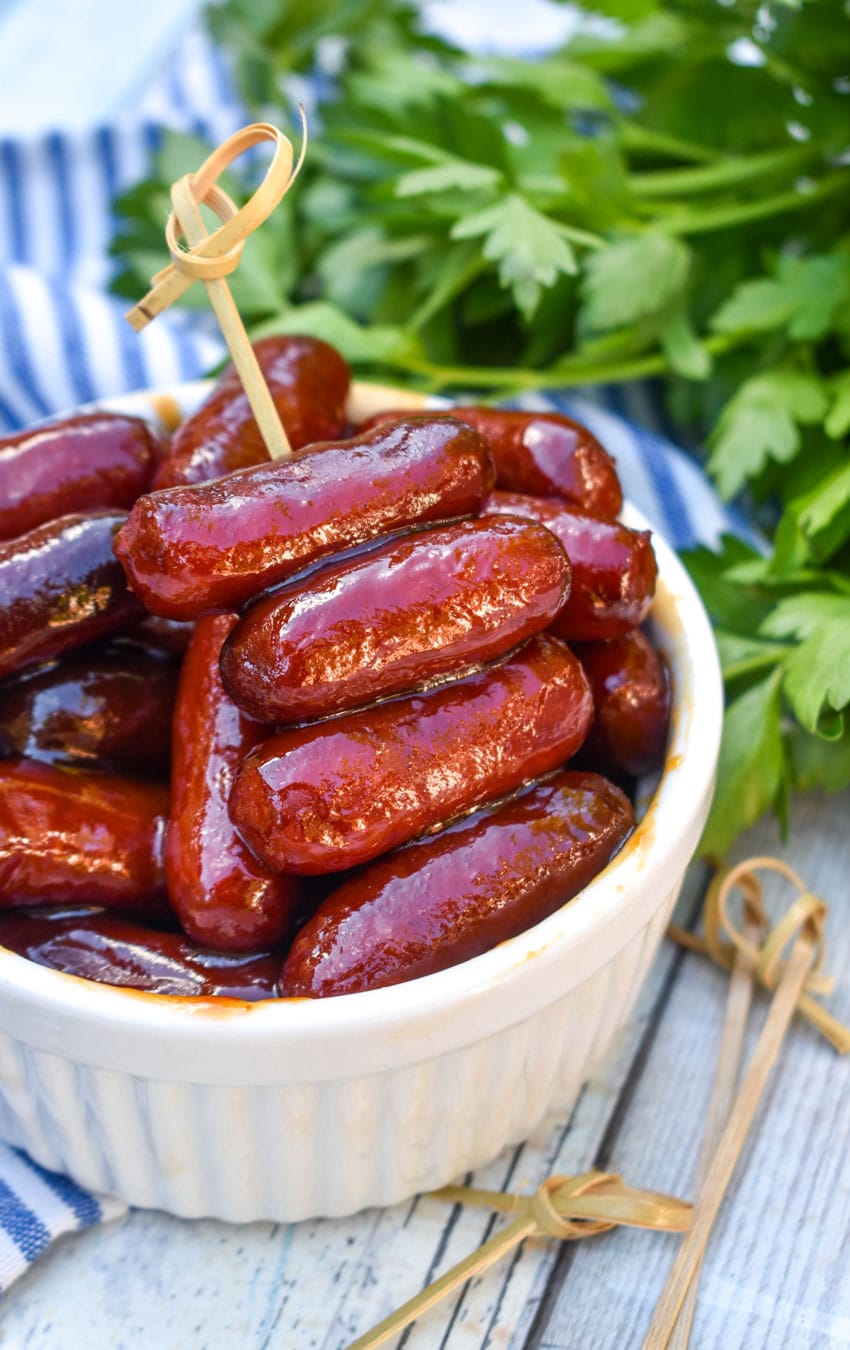 slow cooker little smokies in a small white bowl