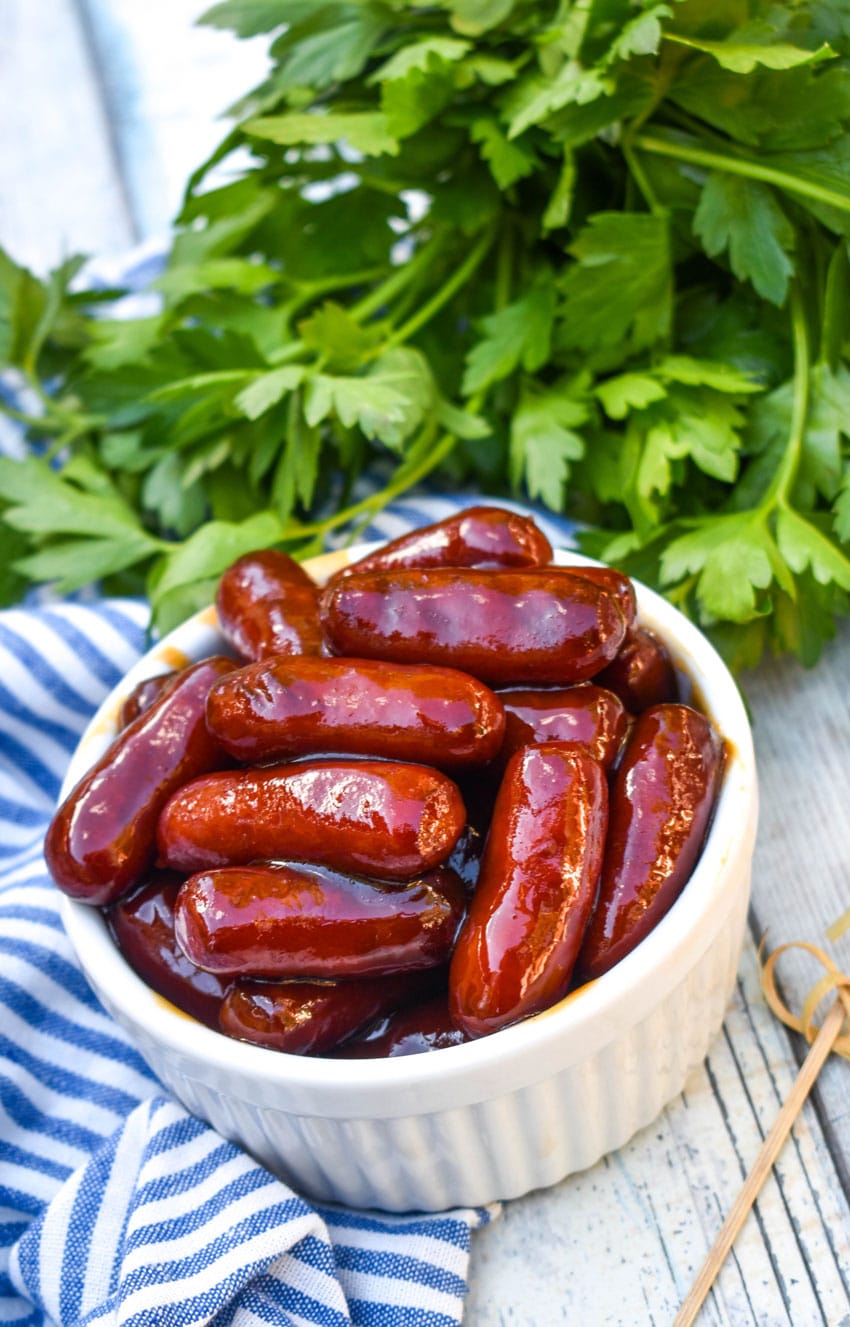 slow cooker little smokies in a small white bowl