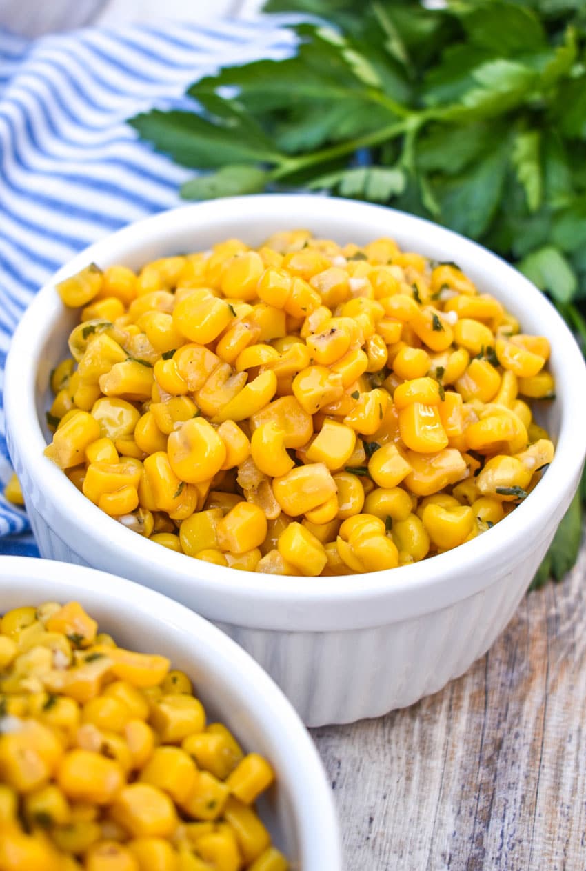 the best canned corn in two small white bowls