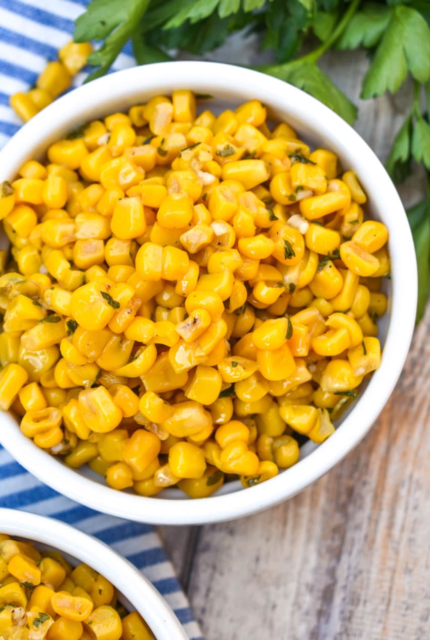 the best canned corn in two small white bowls