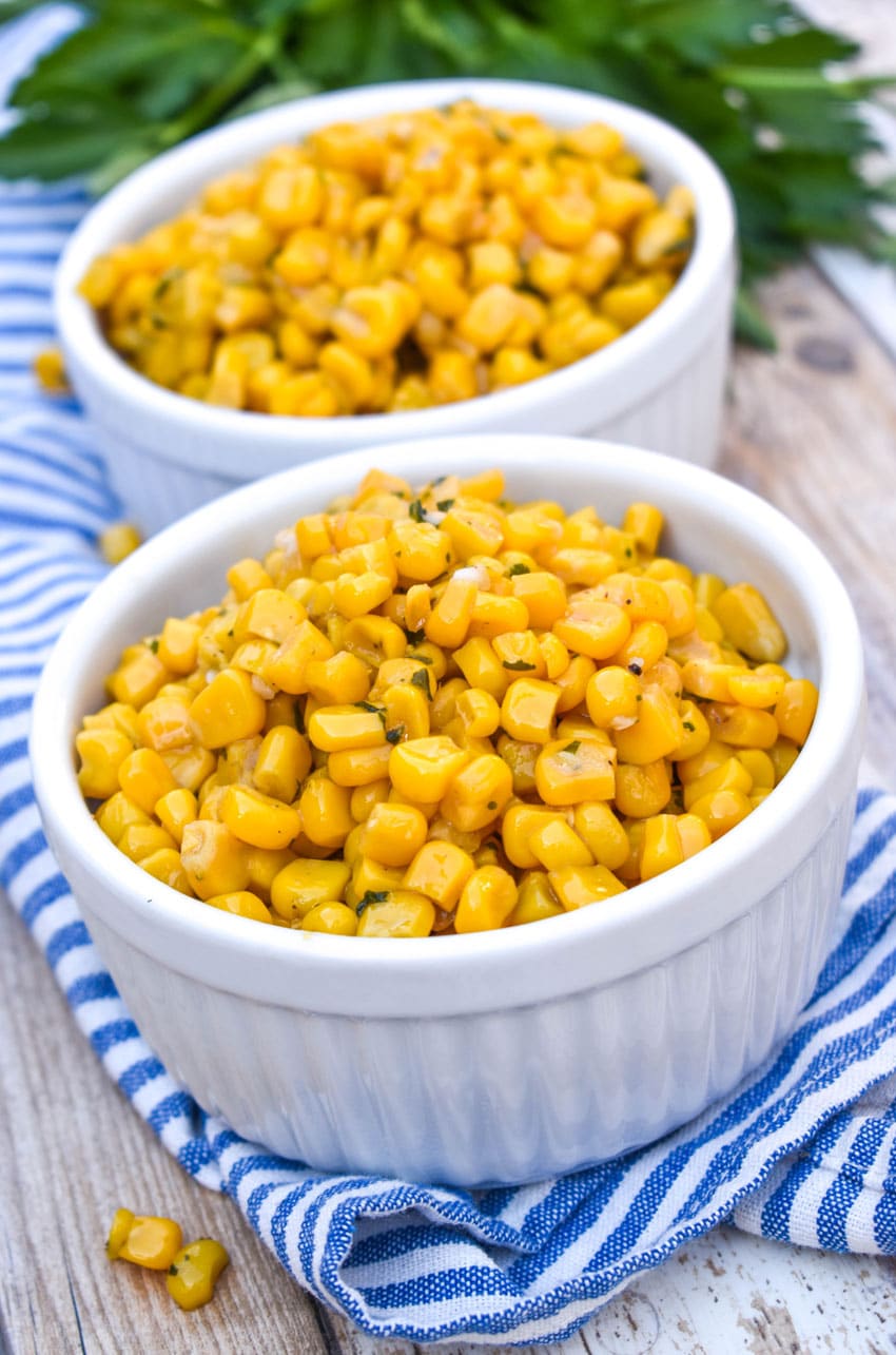 the best canned corn in two small white bowls