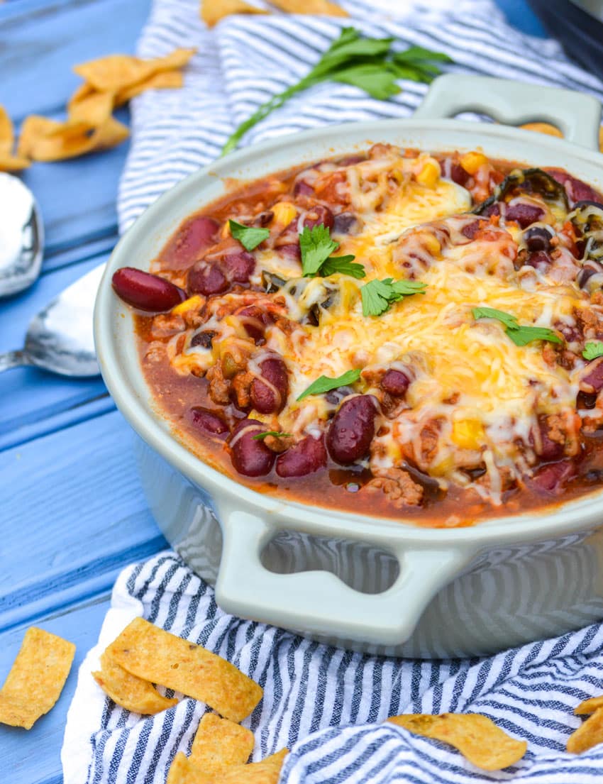 instant pot taco chili in a gray bowl