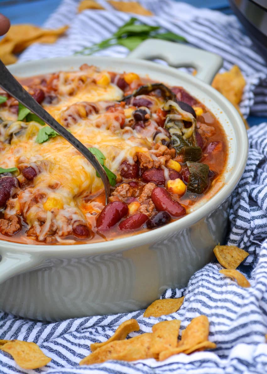 instant pot taco chili in a gray bowl