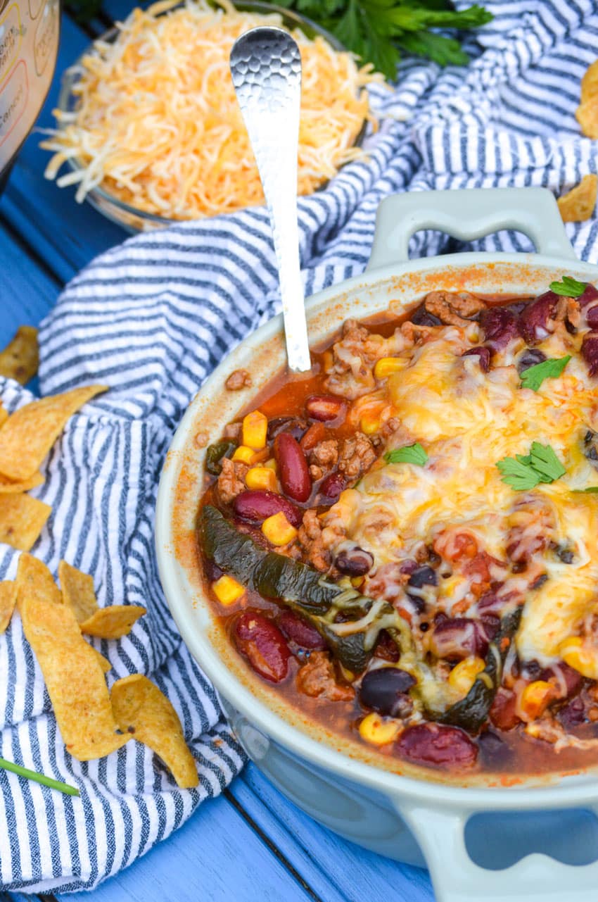instant pot taco chili in a gray bowl