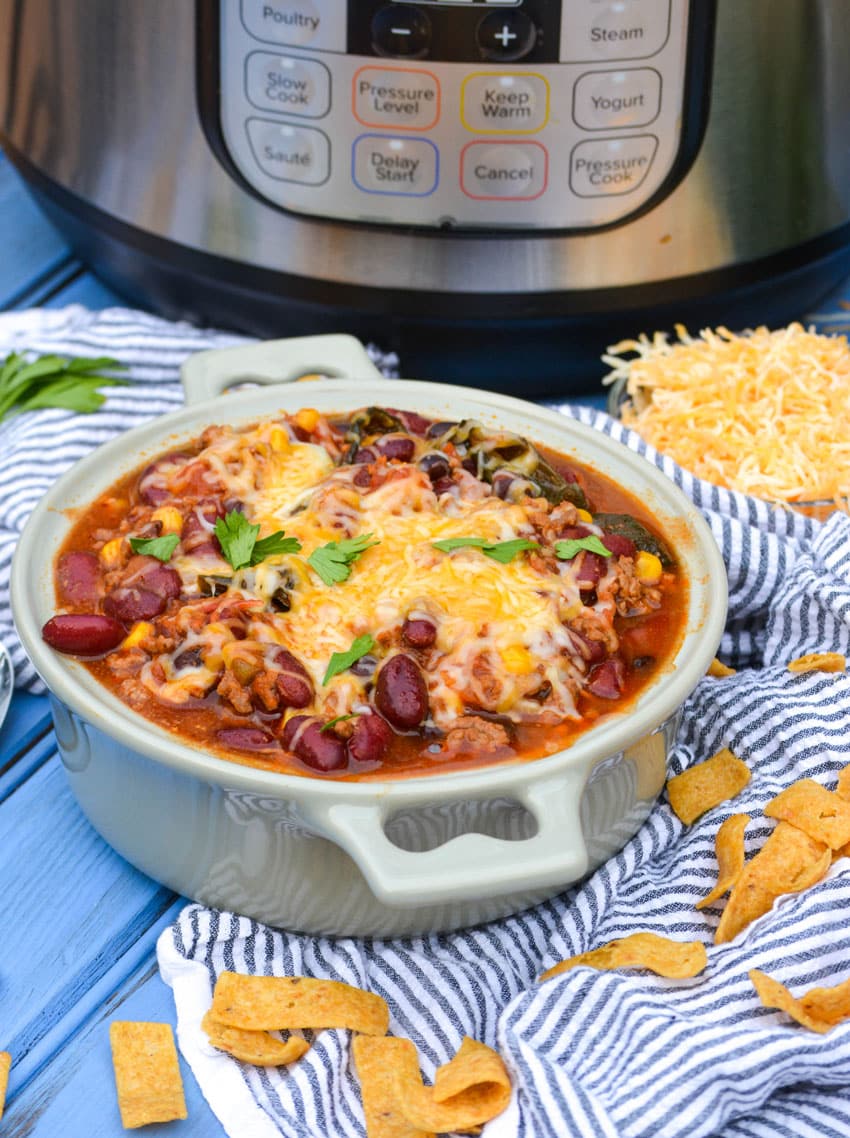 instant pot taco chili in a gray bowl