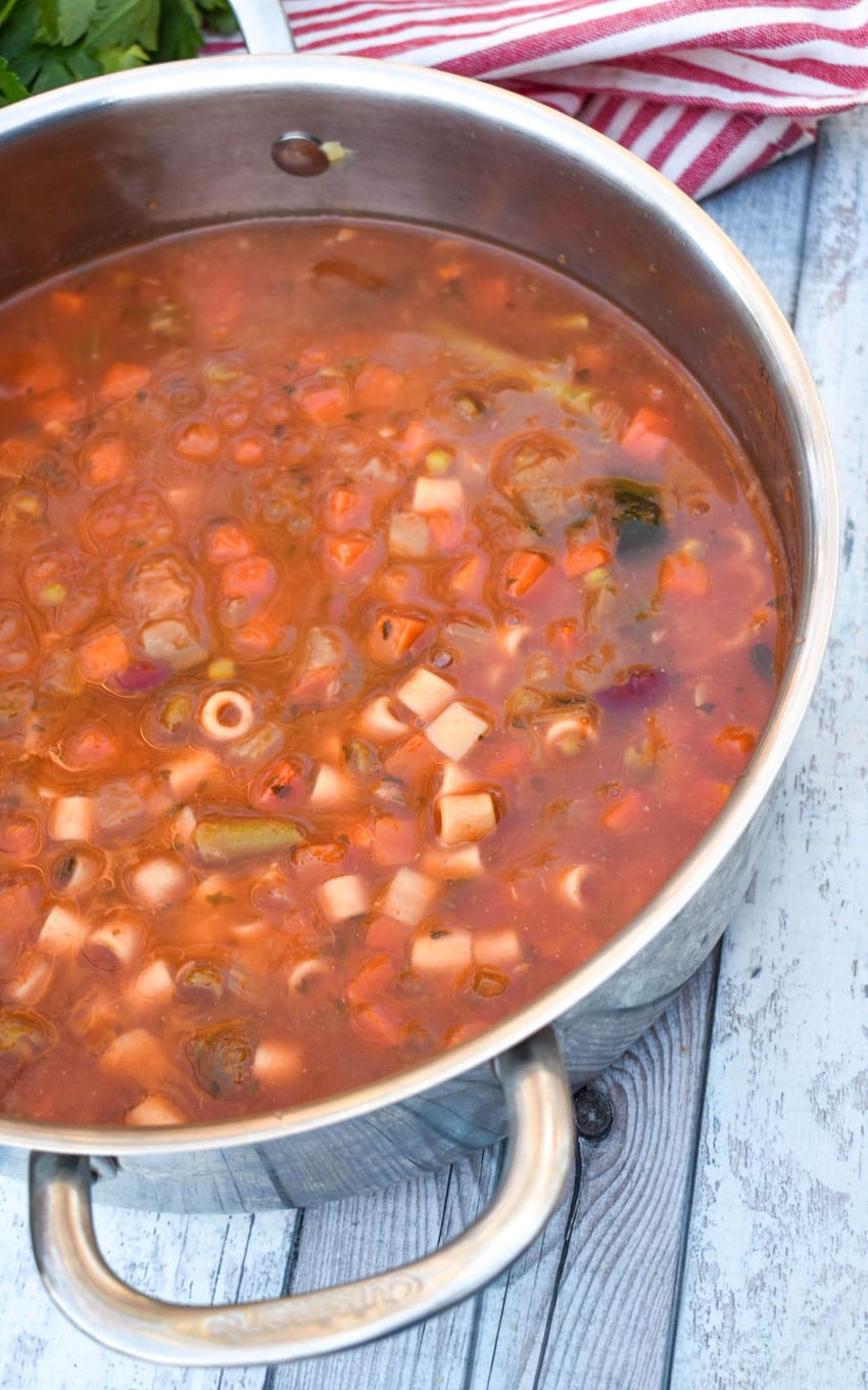 vegetable minestrone soup in a metal pot