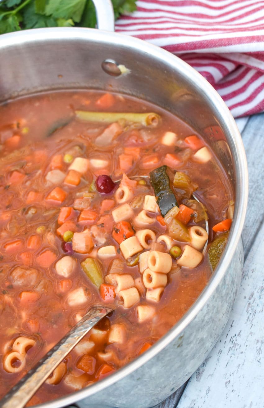vegetable minestrone soup in a metal pot