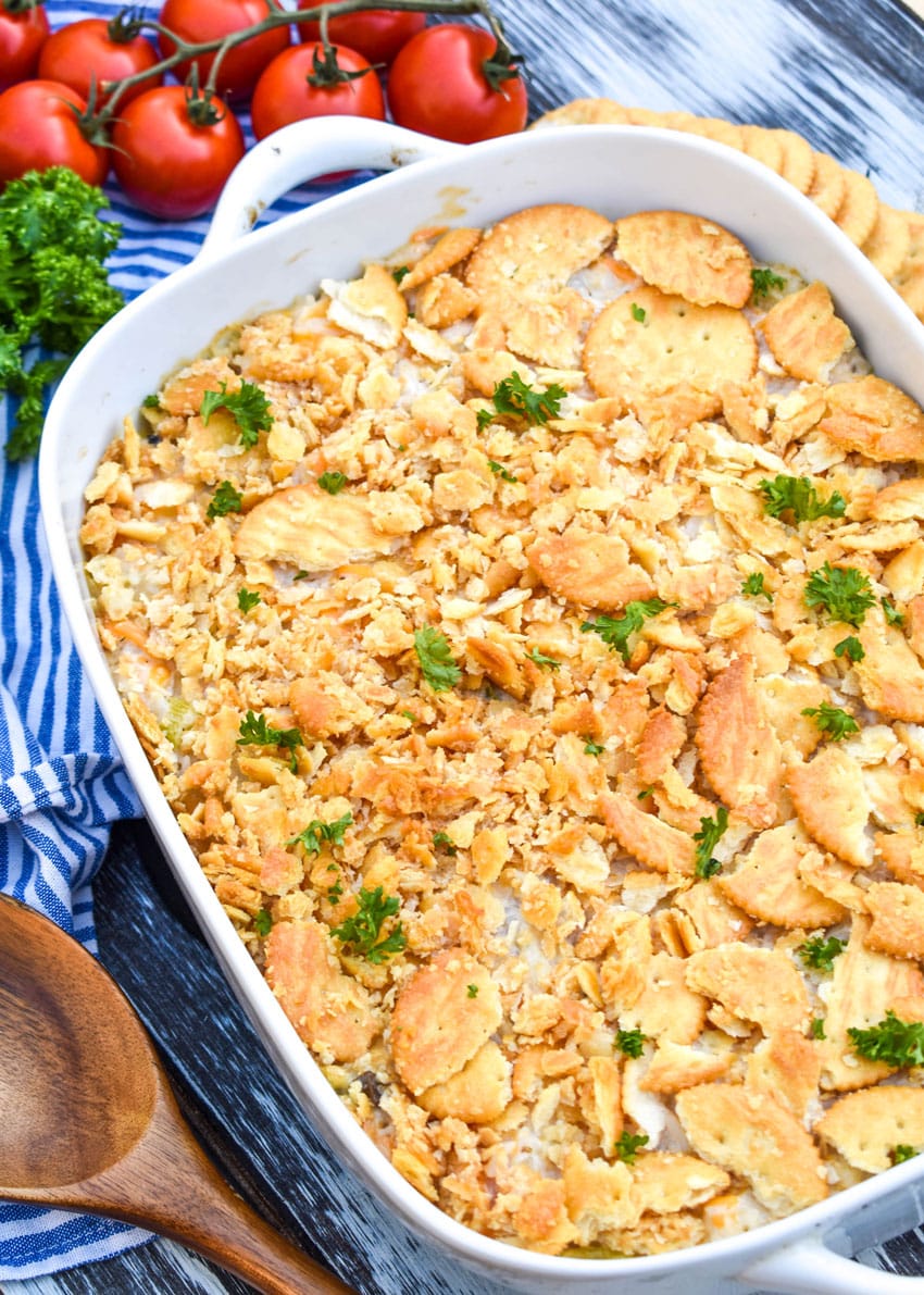 shrimp and rice casserole in a white baking dish