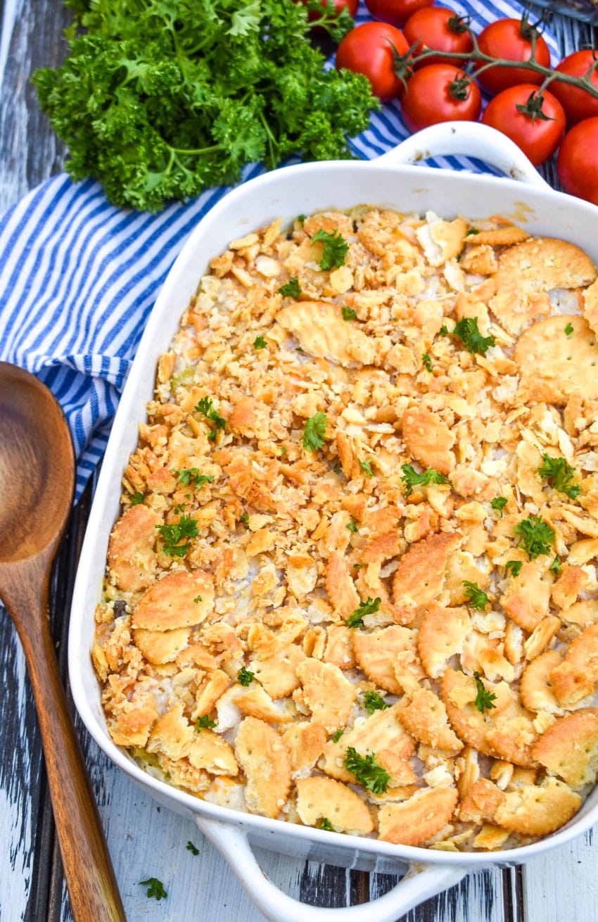 shrimp and rice casserole in a white baking dish
