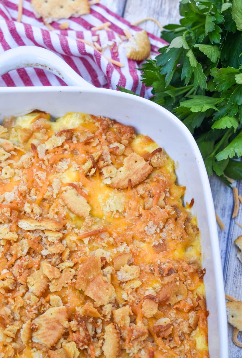 southern cabbage casserole in a white baking dish