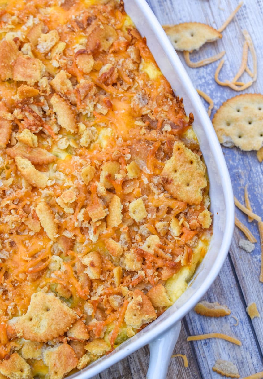southern cabbage casserole in a white baking dish