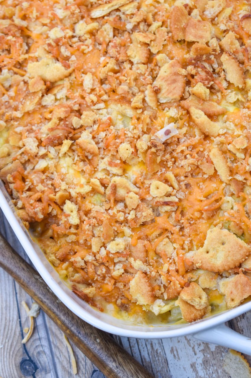 old fashioned cabbage casserole in a white baking dish