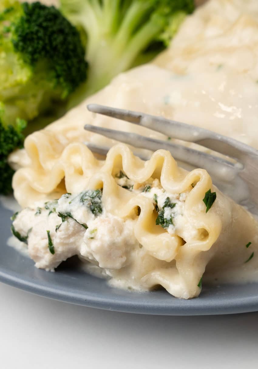 white chicken lasagna roll ups and steamed broccoli on a small blue plate