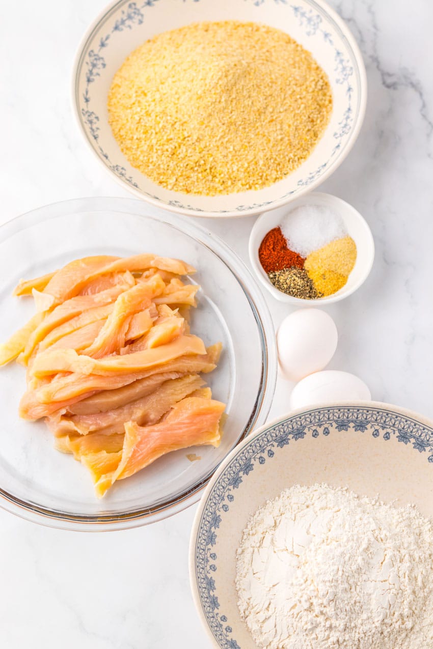 an overhead image showing the measured ingredients needed to make a batch of homemade burger king chicken fries