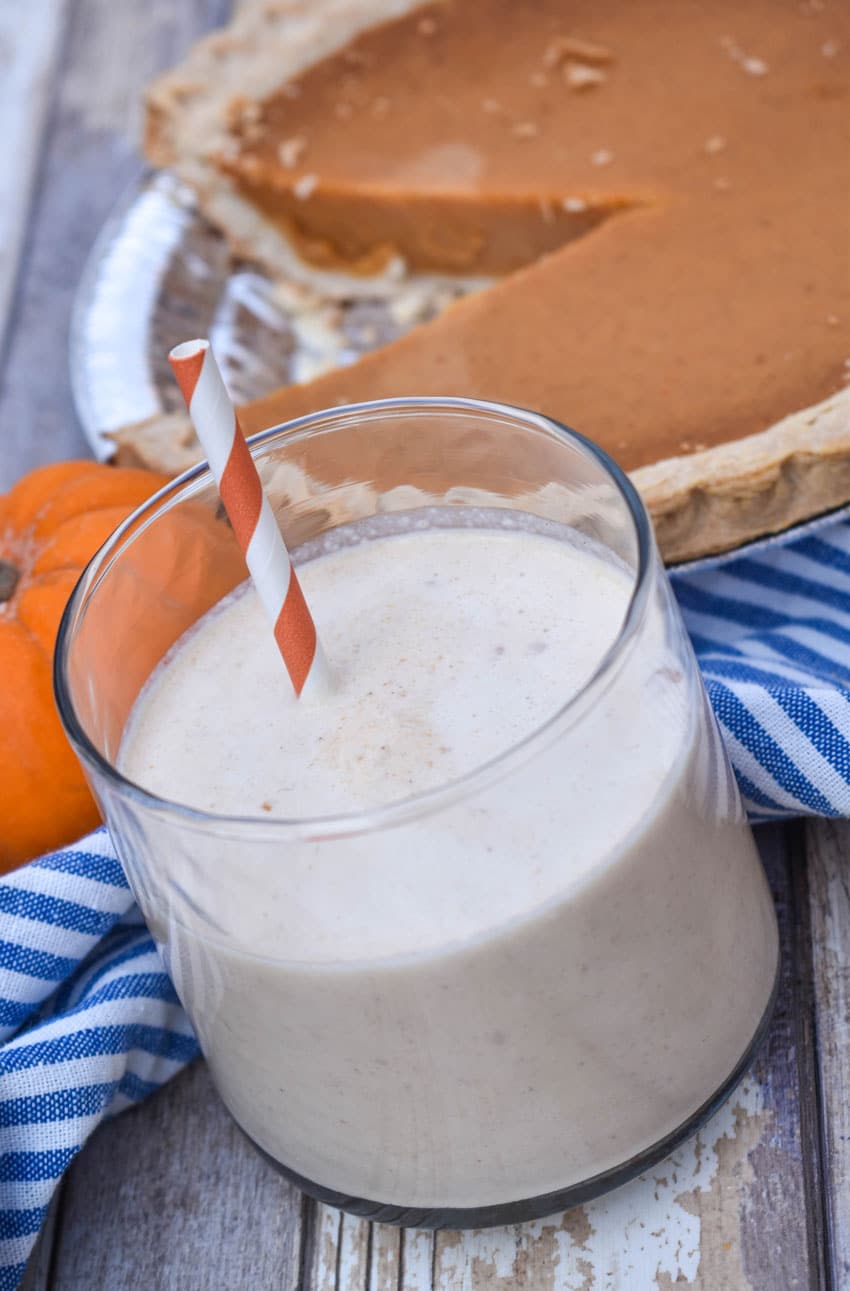 pumpkin pie milkshake in a small glass jar