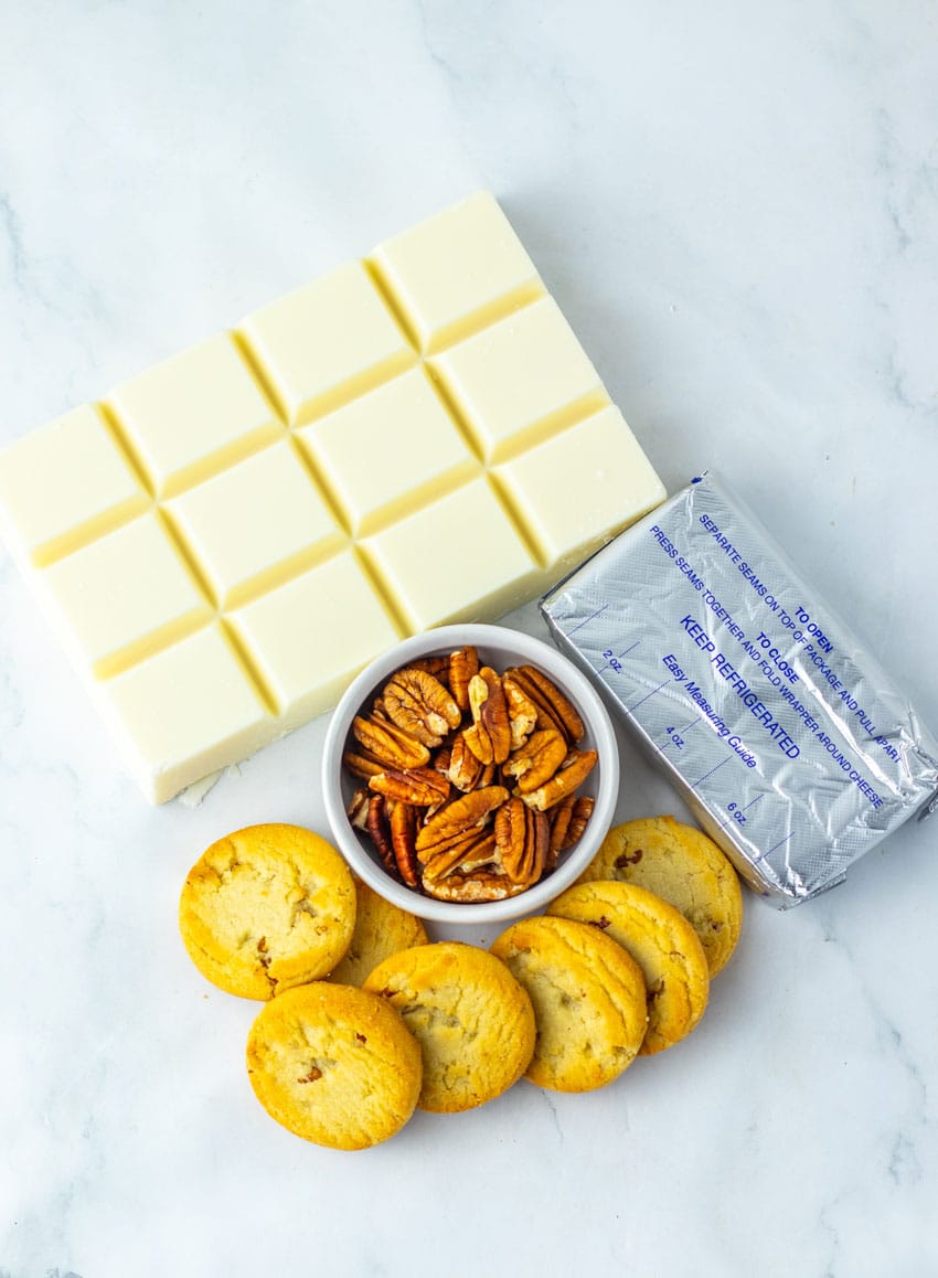 an overhead image showing the measured ingredients needed to make a batch of pecan pie truffles