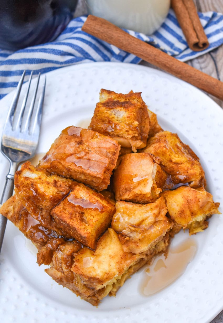 pumpkin bread pudding on a small white plate