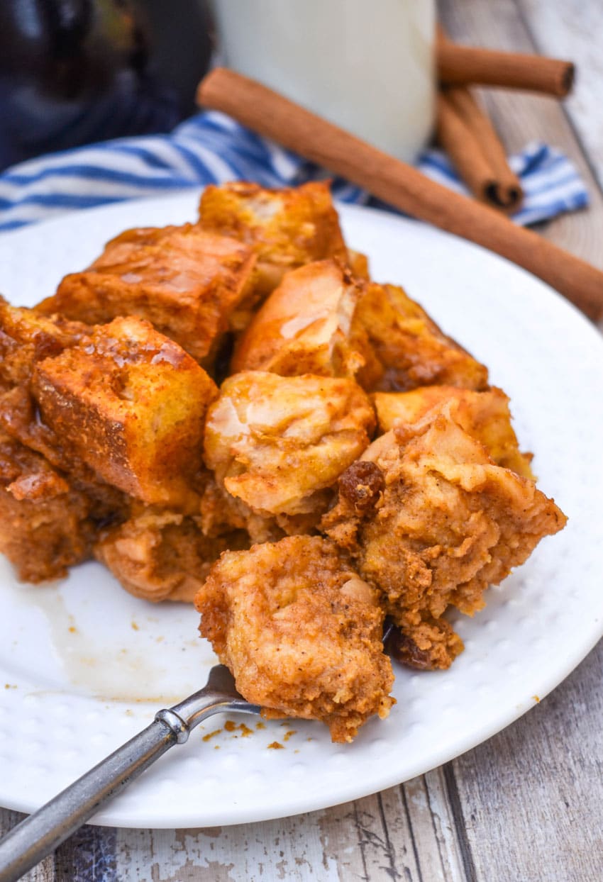 pumpkin bread pudding on a small white plate