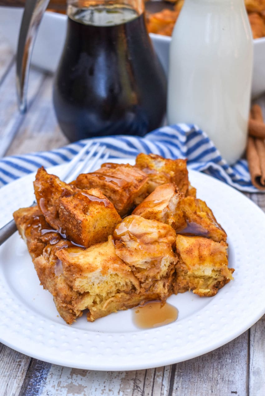 pumpkin bread pudding on a small white plate