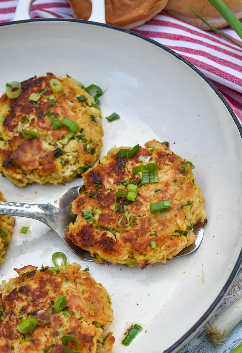 quick and easy tuna patties in a large cast iron skillet