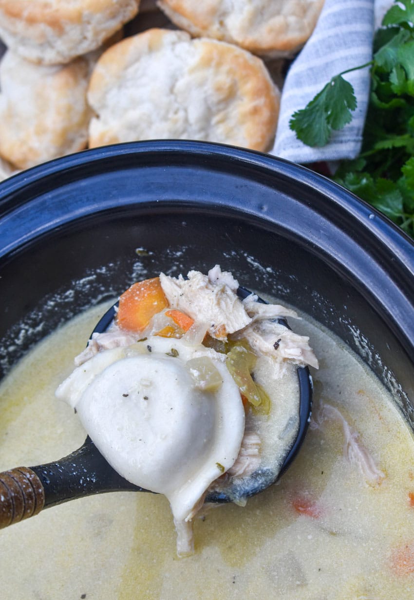 a black ladle scooping chicken and pierogi stew out of a black crockpot