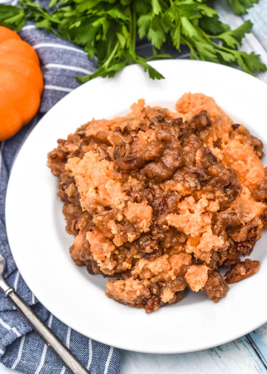 crockpot sweet potato casserole on a small white plate