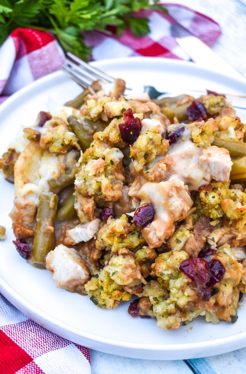 thanksgiving casserole on a white plate