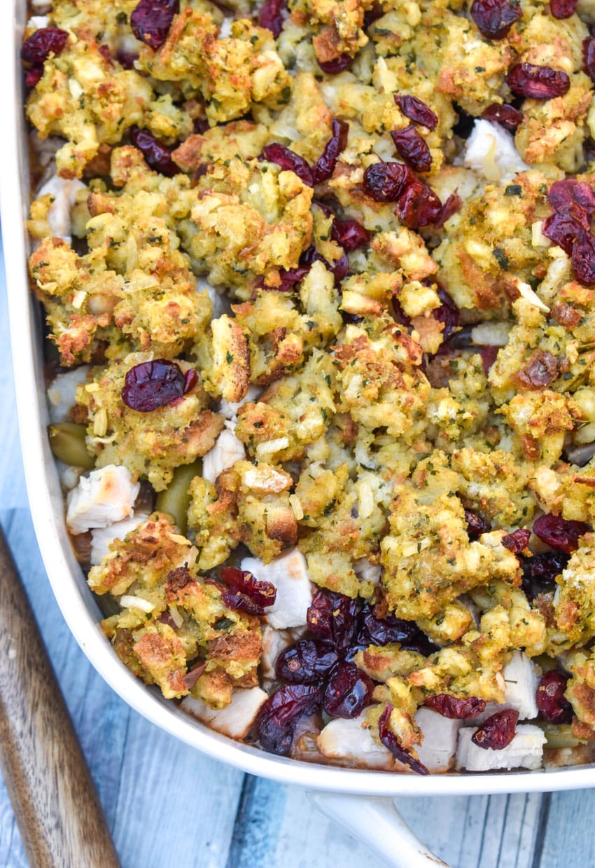 THANKSGIVING CASSEROLE IN A WHITE BAKING DISH