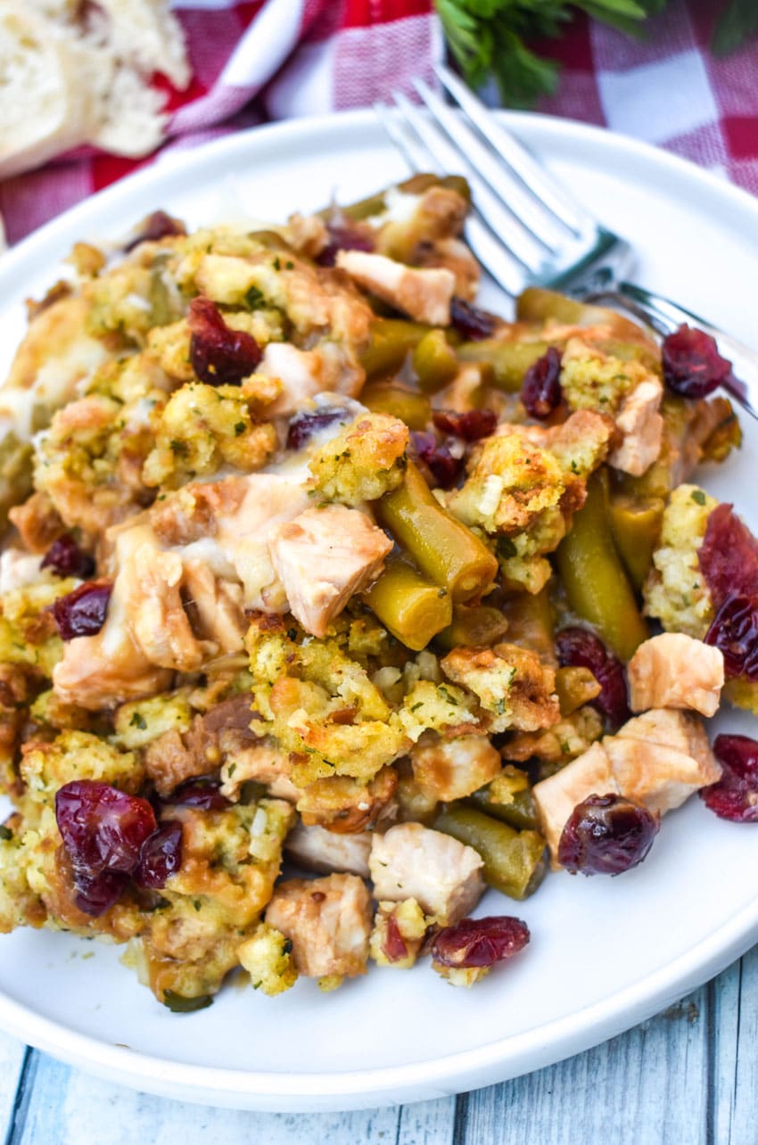 thanksgiving casserole on a white plate