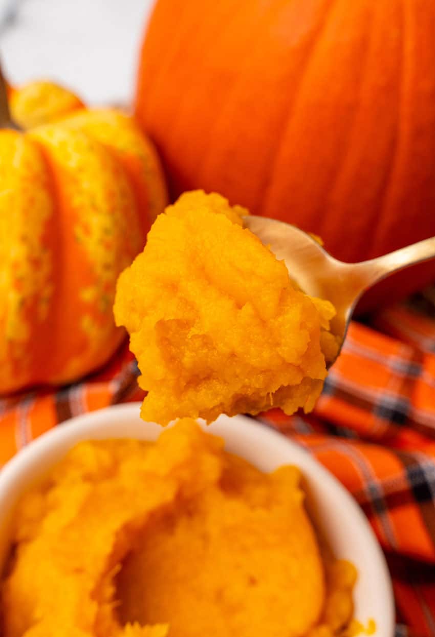 a golden spoon holding up a scoop of homemade instant pot pumpkin puree