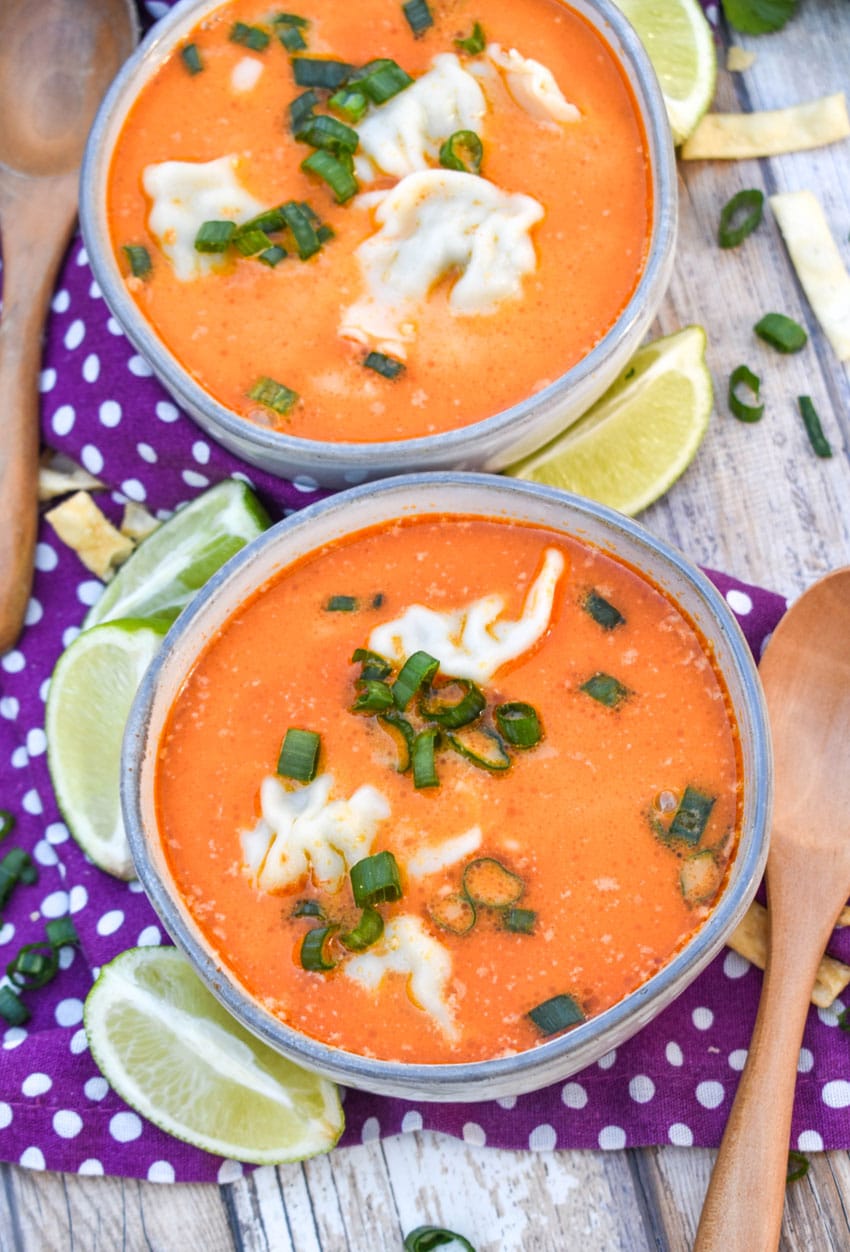 coconut curry soup with wontons in two small gray bowls