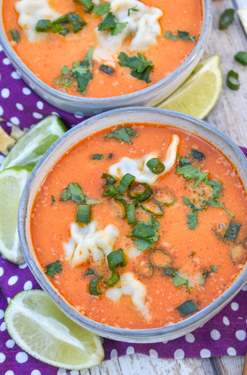 coconut curry soup with wontons in two small gray bowls