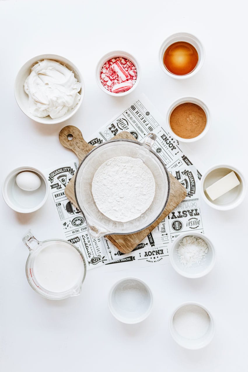 an overhead image showing the measured ingredients needed to make a batch of homemade peppermint pancakes