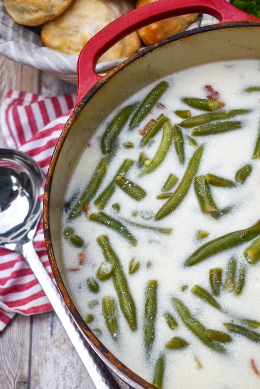 creamy green bean soup in a large red dutch oven