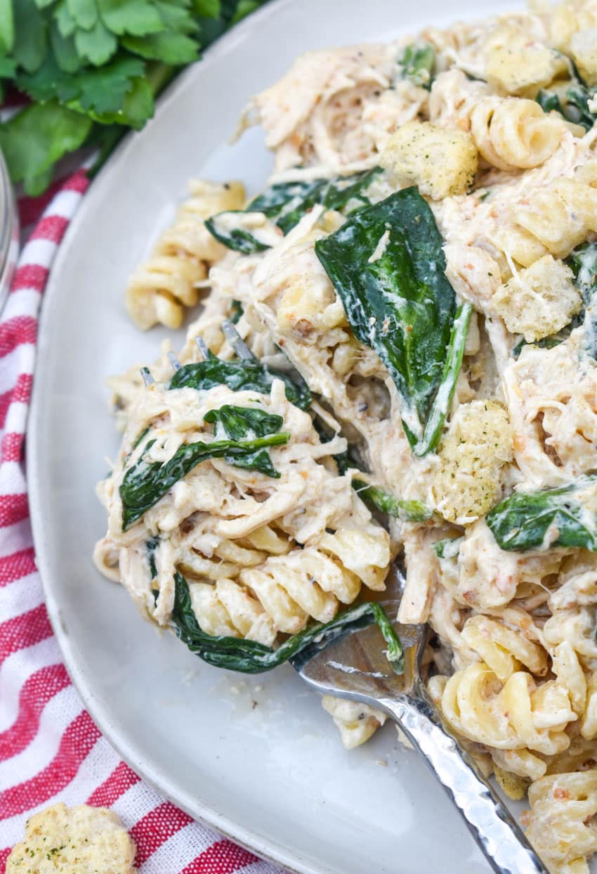 slow cooker chicken caesar pasta on a gray plate with fresh herbs in the background