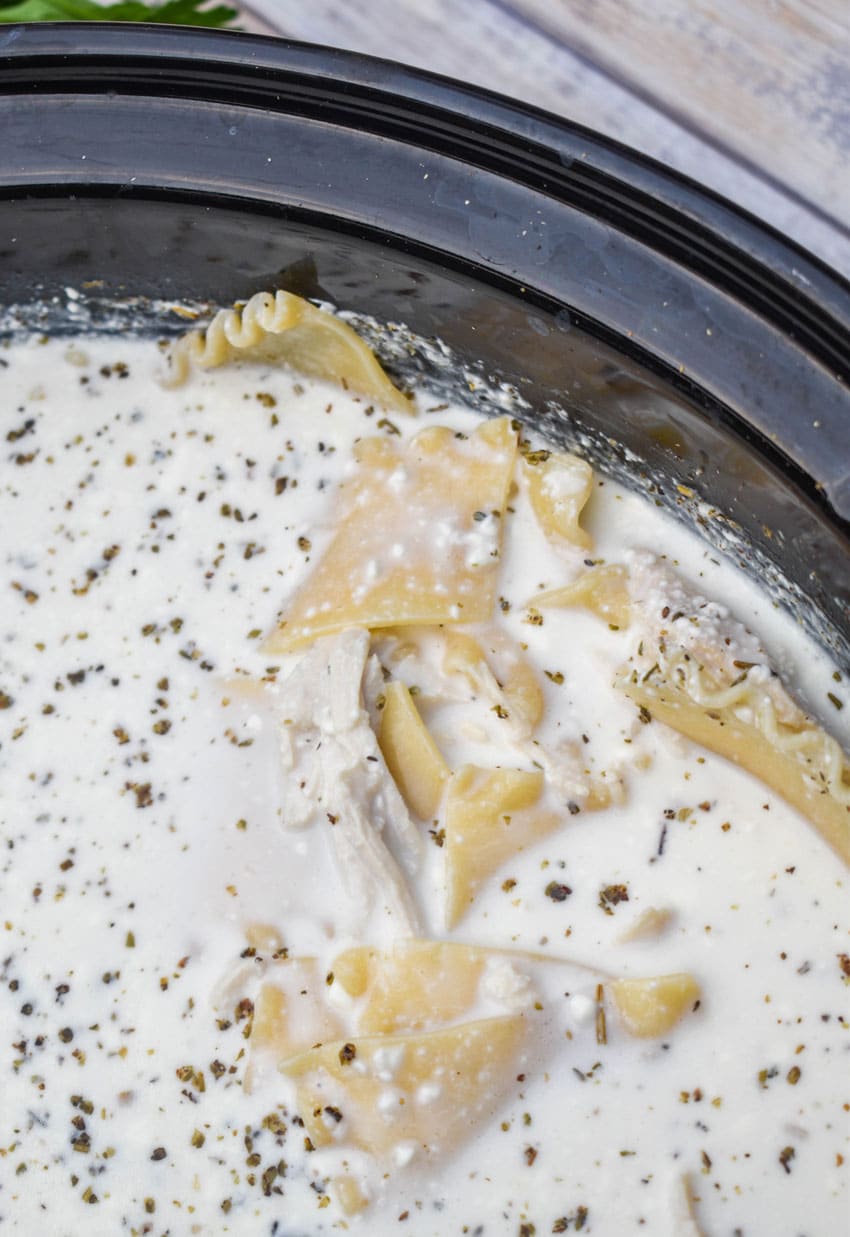 WHITE LASAGNA SOUP IN THE BOWL OF A CROCKPOT