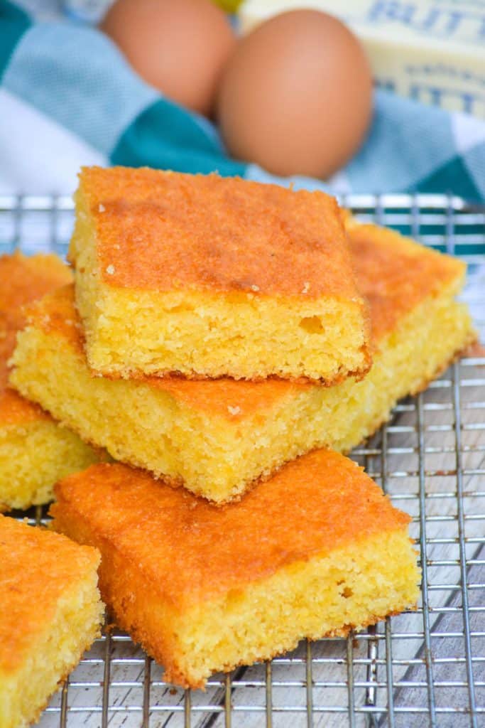a stack of better boxed cornbread on a wire baking rack