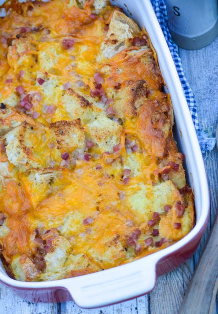 ham and cheese bread pudding in a casserole dish