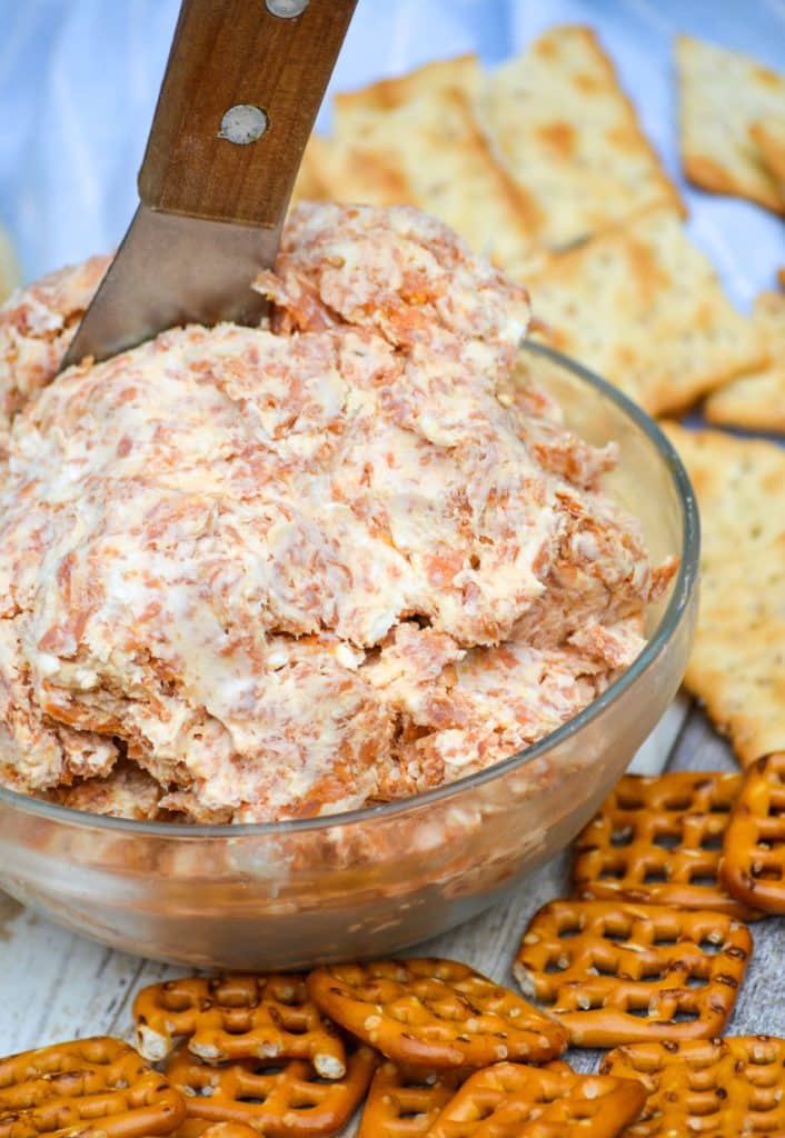a small glass bowl filled with pepperoni cream cheese spread