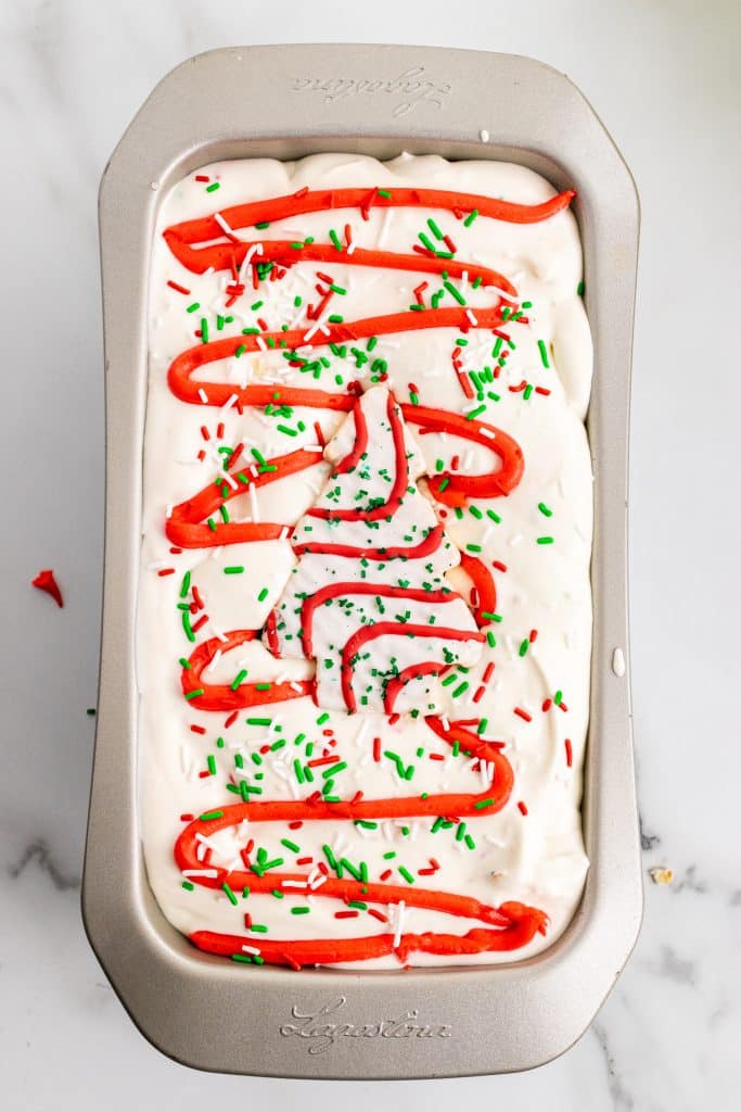 little debbie christmas tree cake ice cream in a metal loaf pan