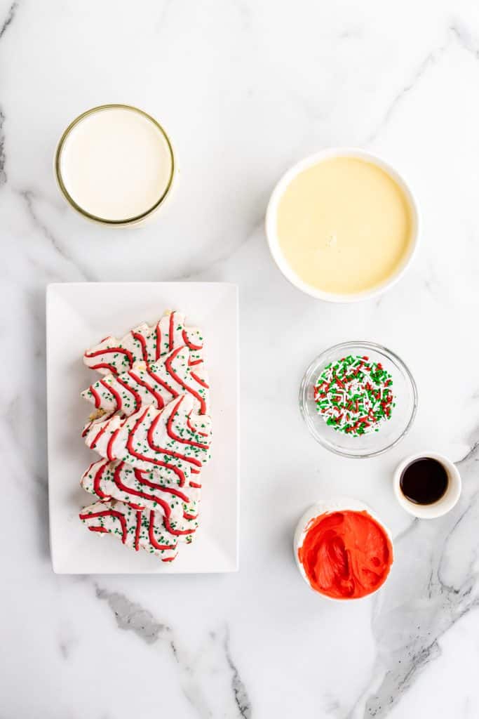 overhead shot showing all of the ingredients needed for little debbie christmas tree cake ice cream