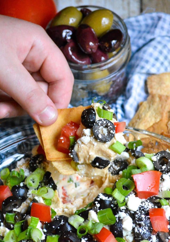 a hand holding up a pita chip topped with greek dip