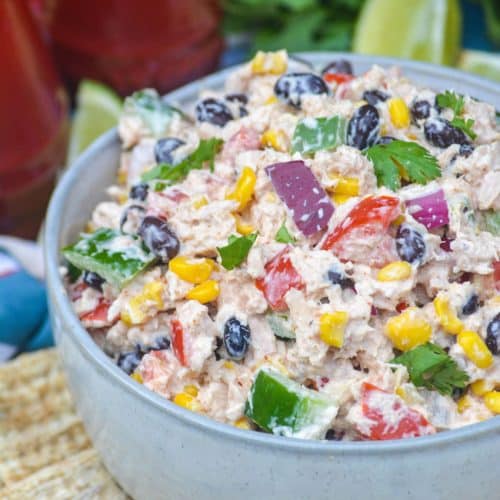 mexican tuna salad in a gray bowl
